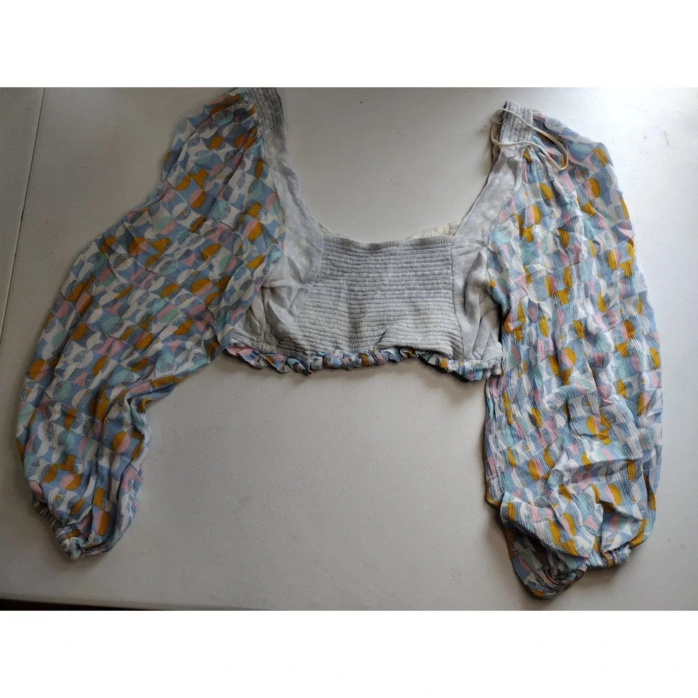 Free People Womens Abstract Geometric Balloon Sleeve Smocked Crop Top Blue S - Picture 2 of 9